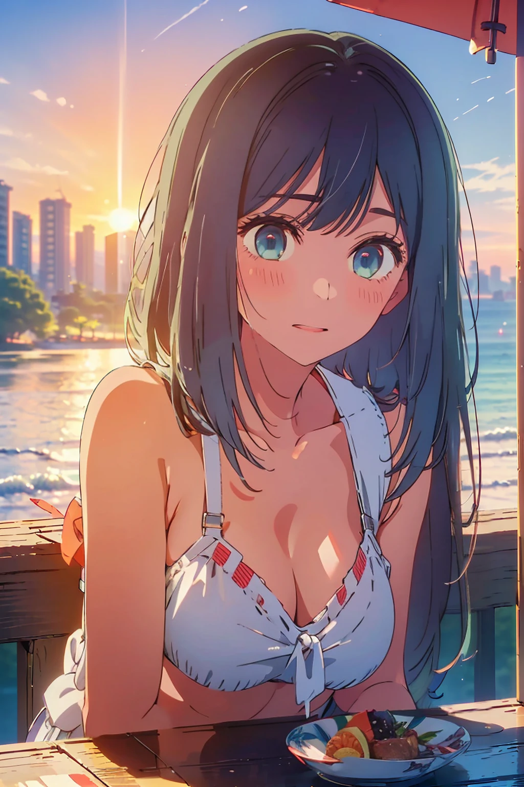 (Highest quality:1.4、masterpiece:1.4、Super detailed:1.4、8K:1.4)、F cup bust、Big Breasts、Slim body、((((1 person、Surprised expression、sit、In the background are the urban buildings of Tokyo、looking at the camera、Outdoor café terrace、coastal、Navy hair color、Shooting from an angle、juice、table、Sunset Beach、sunset、Very cute face))))、((nude、Areola、bikini size too small))、Big eyes、((((Shallow depth of field))))