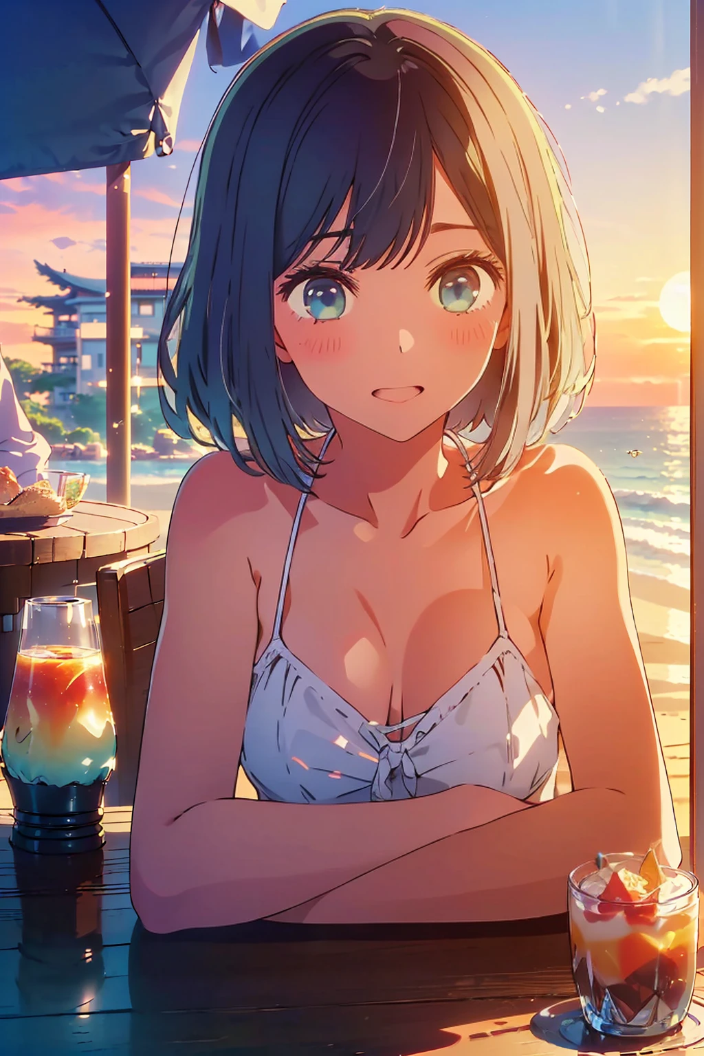 (Highest quality:1.4、masterpiece:1.4、Super detailed:1.4、8K:1.4)、F cup bust、Big Breasts、Slim body、((((1 person、Surprised expression、sit、In the background are the urban buildings of Tokyo、looking at the camera、Outdoor café terrace、coastal、Navy hair color、Shooting from an angle、juice、table、Sunset Beach、sunset、Very cute face))))、((nude、Areola、bikini size too small))、Big eyes、((((Shallow depth of field))))