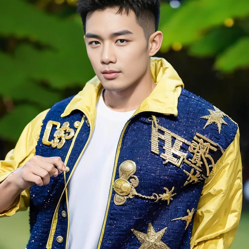 ((Highest quality, 8K, Masterpiece:1.3)),Thailand Laos Burma Asia,Thai man buzz haircut,A handsome Asian sport short hair,a muscular beard,and big muscles.,1A man who has,yo,Good appearance,Beautiful nose,Detailed eyes and face,beautiful light,(studio),high resolution,(Look at the viewer.),Fine mouth,whole body:1.5,perfect shape:1.3,Picture of both shoulders:1.3,(t-shirt:1.2),black cargo pants,wristband,landscape,(The background is Bokeh:1.2),on the sea,(open_jacket:1.4),