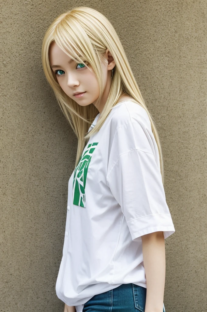 An anime girl with blonde hair, white skin and green eyes in casual clothing