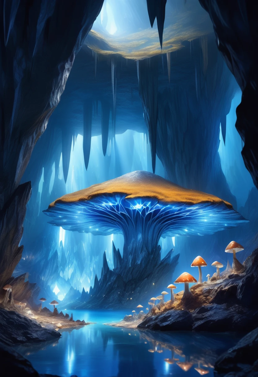 Large crystal cave, underground world, precious metal crystal, blue illuminated lake in the middle of the cave, large mushroom, details, high quality