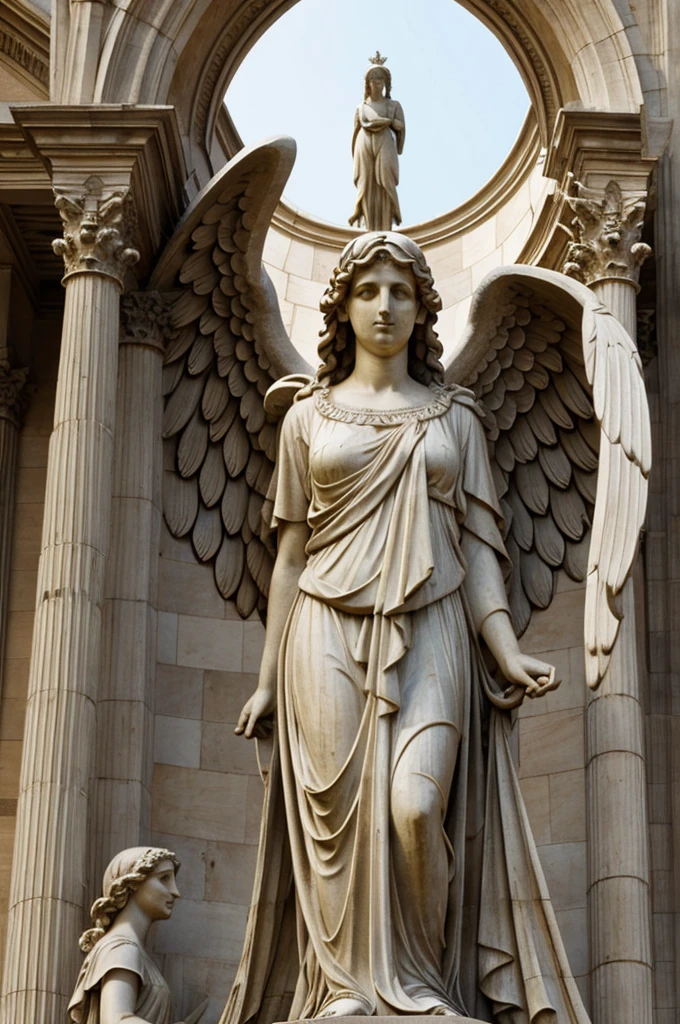 Stern-faced angels statue, wings outstretched