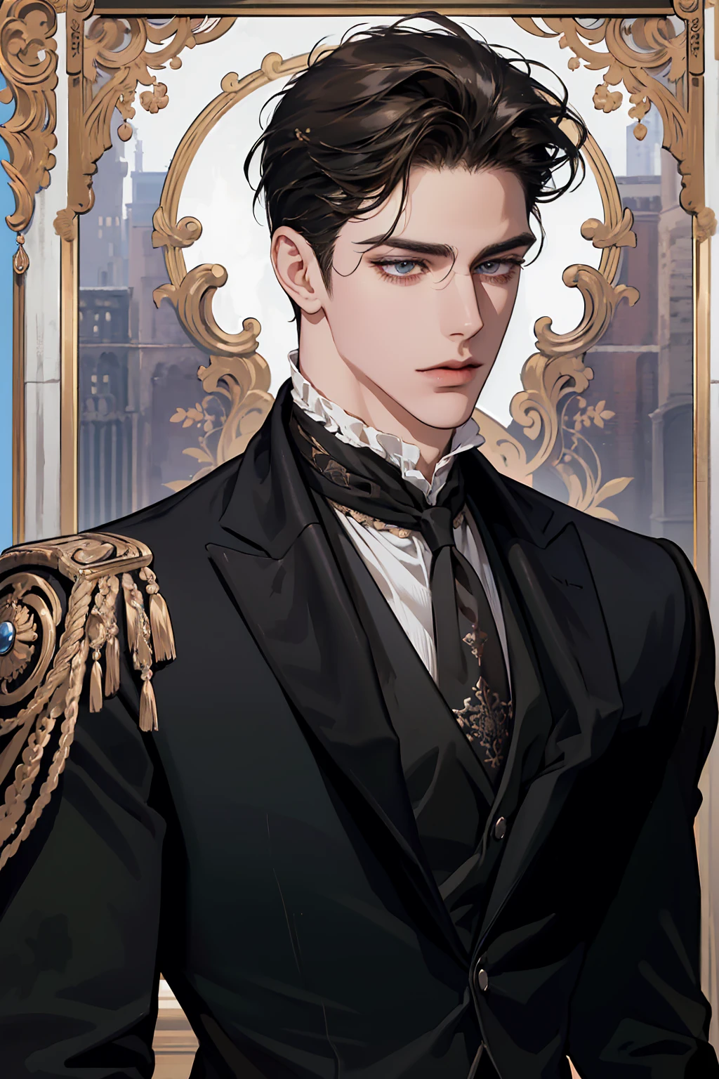 (absurd, ultra-detailed, high quality, masterpiece), 1 man, solo, adult, mature, handsome, tall muscular guy, broad shoulders, elegant pose, upper body, dark short styled hair, hazel eyes, intricate eyes, noble, aloof, anime style, regency era, dark clothing, neat suit, cravat, white shirt, 3 quarter view