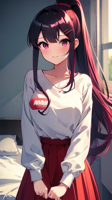 high tail hairstyle, Ponytail hairstyle, Long wavy black hair, standing posing, anime girl style, pixel art anime style,penetrating look with deep eyes,red and purple eyes, hair with a ponytail hairstyle trapped with a big red bun, Women, red hair clips, red x hair clips, short white shirt, mini skirt, smiling face blush, standing in his bedroom, next to his bed, lifting her skirt 