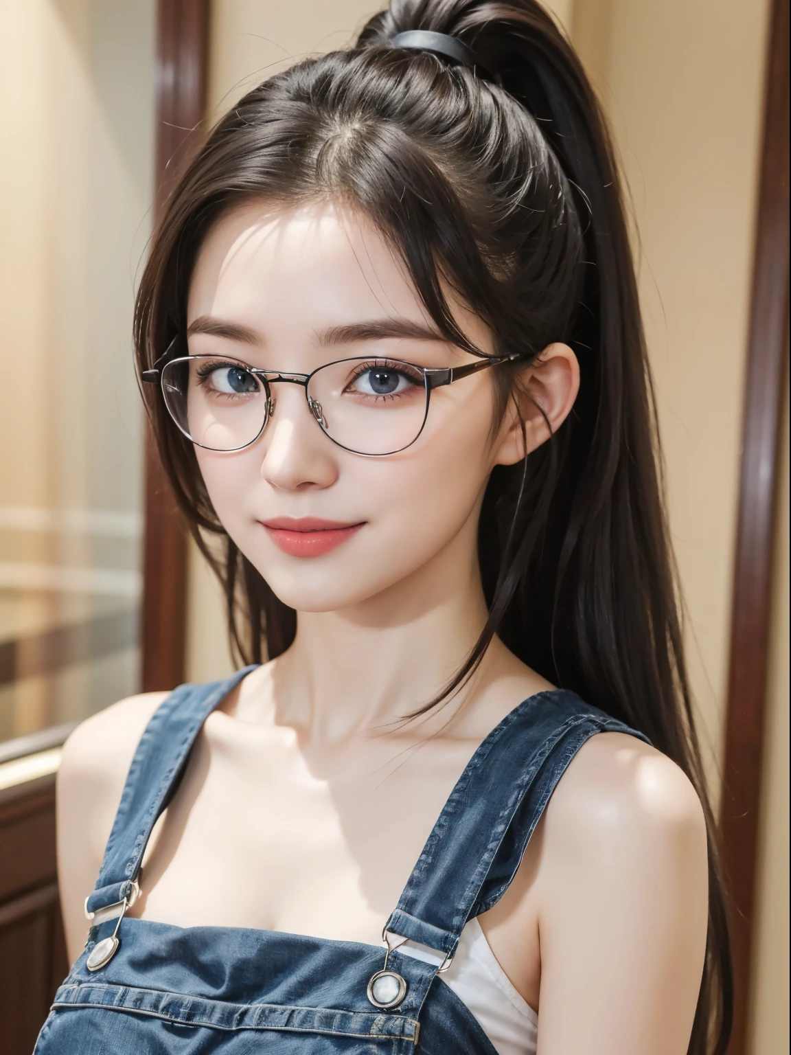 (Best quality, masterpiece, detailed), (RAW, 4k, hd images), 1 girl, 17 years old, white skin, long hair, ponytail, layers hair, 7bangs, black hair, beautiful girl, cute girl, sweet girl, pretty girl, perfect girl, perfect body, pretty eyes, blue eyes, thin lips, (eye line, lip soft), round breast, glasses(detailed frame), indoors, smile, overall, pose, upper body