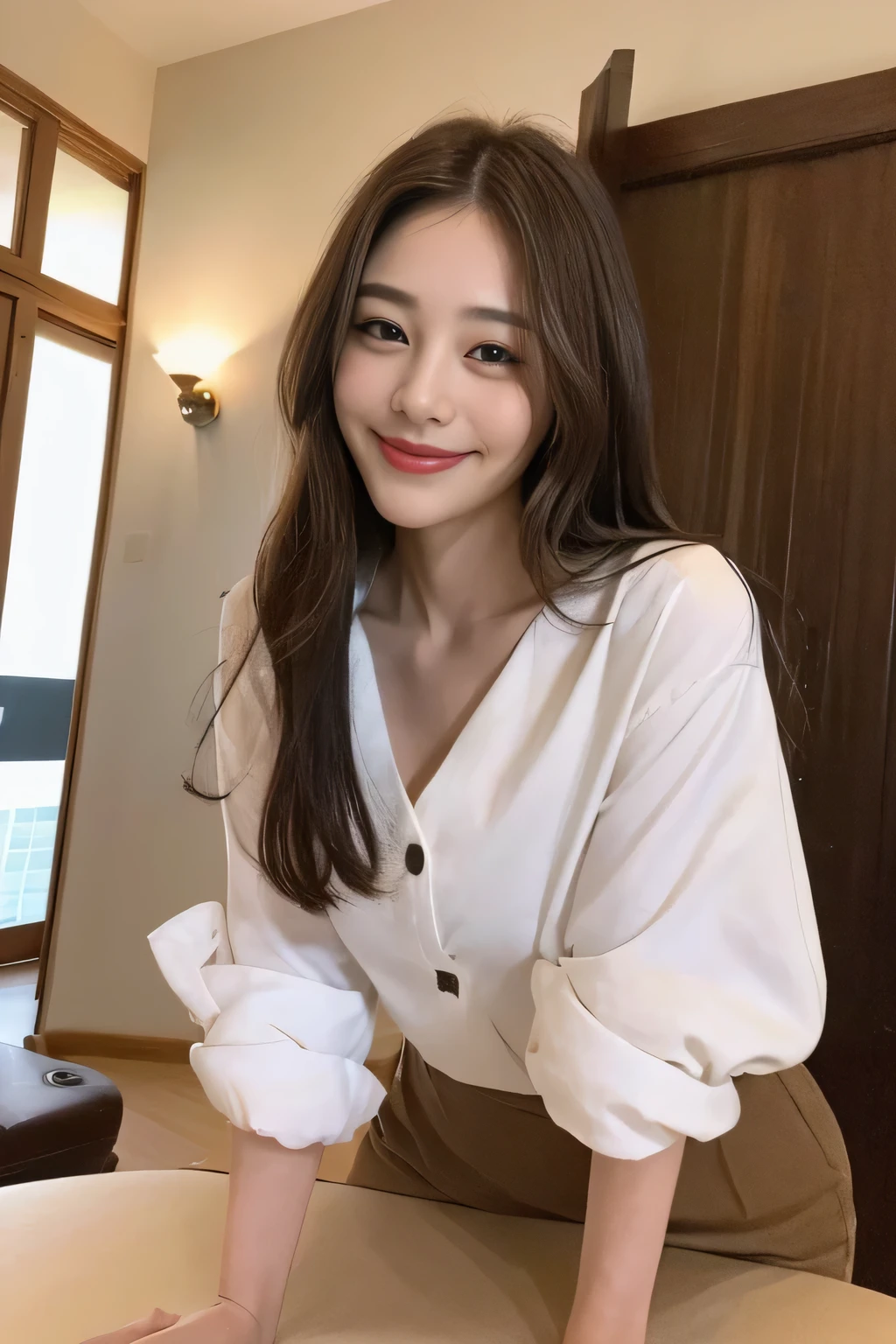 seed:2020674263.((Full body angle:1.1)).((Highest quality, 8K, masterpiece:1.3)), ((from below:1.1)).concentrated:1.2, Perfect body beauty:1.4, Hips:1.2, ((Delicate Hair)), (Colorful button-through crop shirt :1.1) , ((Highest quality、、masterpiece:1.3))、1 Girl、A sloppy smile、Esbian all over、Slim face、Big Boobs、Beautiful woman、(Dark Brown Hair)、Long Hair、1、Flickering Valley、Detailed eyes、double eyelid、Blurred Background、超Slim face、Smile、Looking down、stroll、