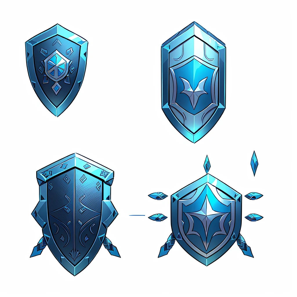 a close up of four shields with different designs on them, shield design, shields, armor elements, fantasy shield, metallic shield, game icon asset, shield, Game Assetss, Game Assets, RPG Game Items, Hard Edge Concept Art, Game UI asset design, shield, 3D icons for mobile games, Game Icon Style, video Game Assetss