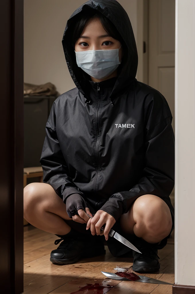 korean girl, (behind corpse, surgical mask), multiple girls, holding knife, stabbing, black raincoat, black gloves, hood up, room full of blood, black wet suit, holding knife, black gloves, behind corpse, blood splatter, short hair, night, mass murderer, robbery, in the house,