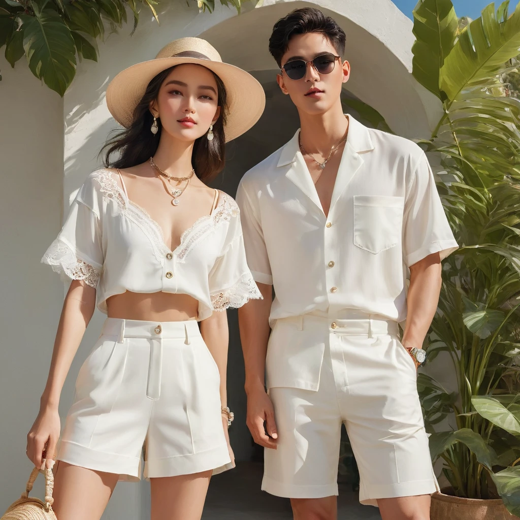 candid fashion illustration of young Asian man and woman, both aged 20 year old, ((showcase fashion look book in a White rayon outfits)), inspired by Zara's resort collection 2020 in elegant young bohemian style. The man wears an oversized short-sleeved bowling white shirt with a pocket details, paired with relaxed-fit white Sports Wide Leg Shorts Baggy short and Drawstring, He completes his look with white sneakers, sunglasses and bracelet. The woman complements him in a white Ankle-length dress in a rayon with delicate lace insets, V-shaped neckline, covered buttons down the front and an open section, spaghetti shoulder straps, Gathered tiers down the skirt and a scalloped hem, Her ensemble includes an accessorizes with a wide-brimmed straw hat, white sneakers and necklace. Captured in a low angle, ((full-body image)), The photograph is taken with a Canon EOS R camera using an 85mm f/1.8 lens at an f/2.2 aperture, utilizing natural light. Employing three-point lighting and incorporating 3D animation shadows enhances his features and adds depth to the composition. The careful layering and arrangement of his body parts and surrounding objects ensure a flawless composition. This masterpiece celebrates the beauty of the male form and invites viewers to immerse themselves in a world of sophistication and charm. The seductive lighting and intricate details, combined with a dramatic composition, invite viewers to revel in the essence of a fun-filled day, brimming with joy and relaxation. Attention is meticulously paid to the layers and arrangement of his body parts and surrounding objects, ensuring correct body structure and photo distance. The romantic atmosphere, paired with a lively and extremely gorgeous background, enhances the overall allure of this exquisite image.