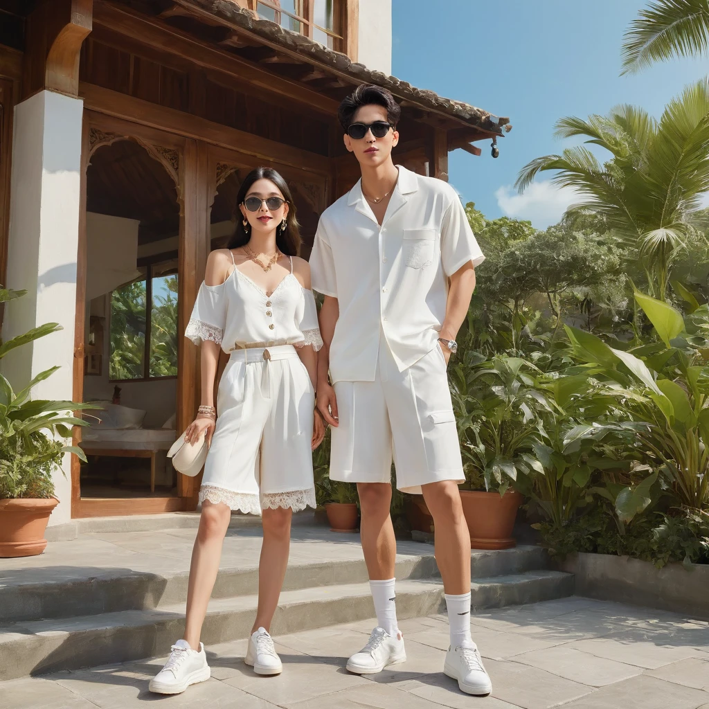 candid fashion illustration of young Asian man and woman, both aged 20 year old, ((showcase fashion look book in a White rayon outfits)), inspired by Zara's resort collection 2020 in elegant young bohemian style. The man wears an oversized short-sleeved bowling white shirt with a pocket details, paired with relaxed-fit white Sports Wide Leg Shorts Baggy short and Drawstring, He completes his look with white sneakers, sunglasses and bracelet. The woman complements him in a white Ankle-length dress in a rayon with delicate lace insets, V-shaped neckline, covered buttons down the front and an open section, spaghetti shoulder straps, Gathered tiers down the skirt and a scalloped hem, Her ensemble includes an accessorizes with a wide-brimmed straw hat, white sneakers and necklace. Captured in a low angle, ((full-body image)), The photograph is taken with a Canon EOS R camera using an 85mm f/1.8 lens at an f/2.2 aperture, utilizing natural light. Employing three-point lighting and incorporating 3D animation shadows enhances his features and adds depth to the composition. The careful layering and arrangement of his body parts and surrounding objects ensure a flawless composition. This masterpiece celebrates the beauty of the male form and invites viewers to immerse themselves in a world of sophistication and charm. The seductive lighting and intricate details, combined with a dramatic composition, invite viewers to revel in the essence of a fun-filled day, brimming with joy and relaxation. Attention is meticulously paid to the layers and arrangement of his body parts and surrounding objects, ensuring correct body structure and photo distance. The romantic atmosphere, paired with a lively and extremely gorgeous background, enhances the overall allure of this exquisite image.