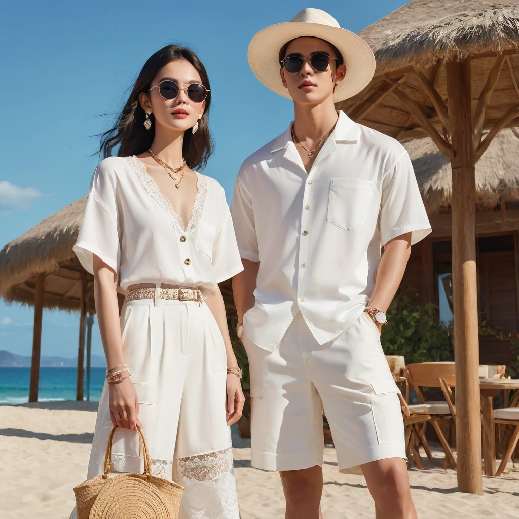 candid fashion illustration of young Asian man and woman, both aged 20 year old, ((showcase fashion look book in a White rayon outfits)), inspired by Zara's resort collection 2020 in elegant young bohemian style. The man wears an oversized short-sleeved bowling white shirt with a pocket details, paired with relaxed-fit white Sports Wide Leg Shorts Baggy short and Drawstring, He completes his look with white sneakers, sunglasses and bracelet. The woman complements him in a white Ankle-length dress in a rayon with delicate lace insets, V-shaped neckline, covered buttons down the front and an open section, spaghetti shoulder straps, Gathered tiers down the skirt and a scalloped hem, Her ensemble includes an accessorizes with a wide-brimmed straw hat, white sneakers and necklace. Captured in a low angle, ((full-body image)), The photograph is taken with a Canon EOS R camera using an 85mm f/1.8 lens at an f/2.2 aperture, utilizing natural light. Employing three-point lighting and incorporating 3D animation shadows enhances his features and adds depth to the composition. The careful layering and arrangement of his body parts and surrounding objects ensure a flawless composition. This masterpiece celebrates the beauty of the male form and invites viewers to immerse themselves in a world of sophistication and charm. The seductive lighting and intricate details, combined with a dramatic composition, invite viewers to revel in the essence of a fun-filled day, brimming with joy and relaxation. Attention is meticulously paid to the layers and arrangement of his body parts and surrounding objects, ensuring correct body structure and photo distance. The romantic atmosphere, paired with a lively and extremely gorgeous background, enhances the overall allure of this exquisite image.