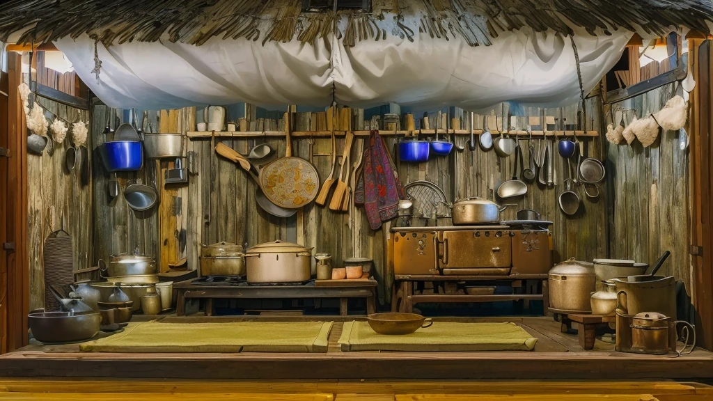 there is a room with a stove and a table with pots and pans, traditional korean interior, rustic, old kitchen backdrop, indoor, ancient interior tent background, hut, indoor setting, museum setting, old home decor, photo taken with nikon d 7 5 0, photo taken with nikon d750, home display, shot on nikon d 3 2 0 0