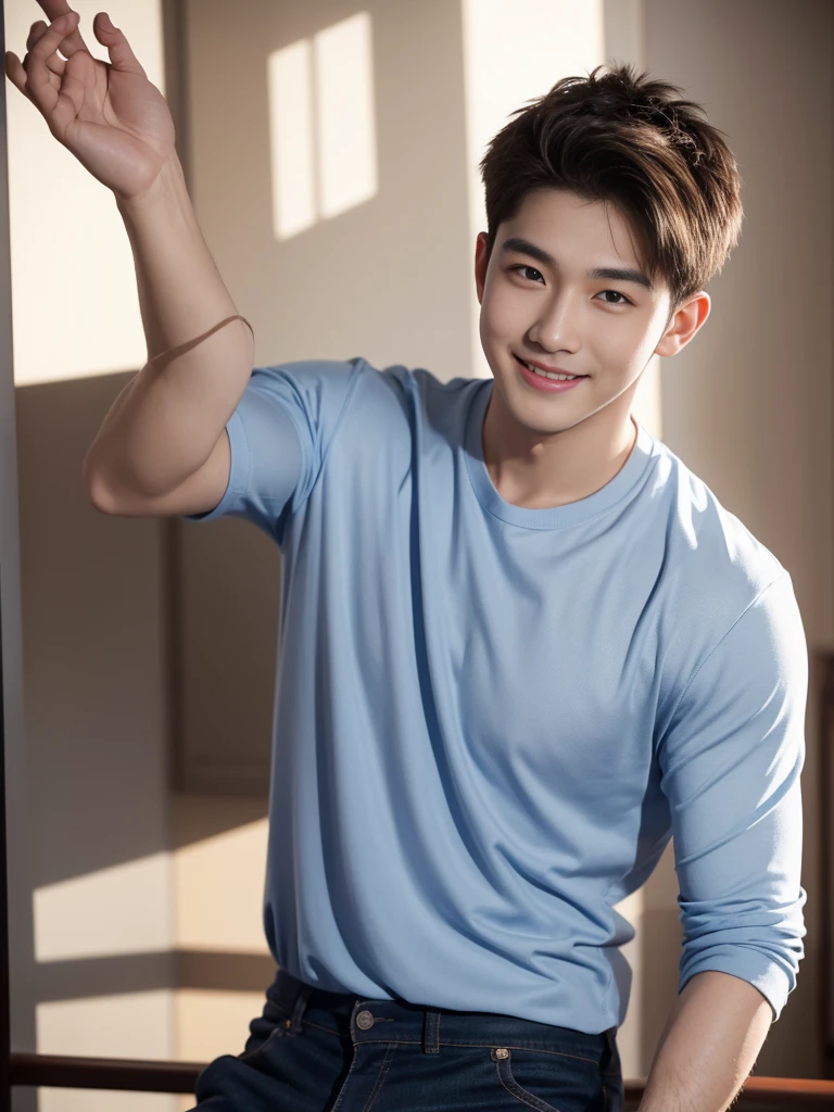 male handsome 20-year-old handsome shirt guy，looking to the camera，frontage，high qulity，tmasterpiece，8K.4K,1080P，Light-sensitive, ยิ้ม