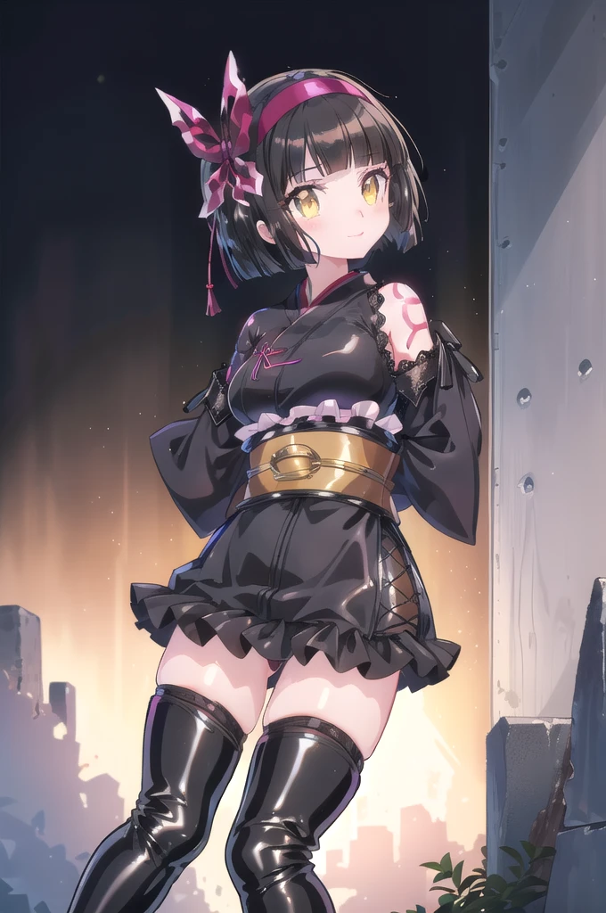 1girl,solo,(standard height),full body,standing,(black hair:1.2),short hair, (red hairband:1.2),hair ornament,(one side red butterfly ribbon),(yellow eyes:1.2),(beautiful fingers:1.6),(perfect anatomy:1.4),(arms_behind_back:1.6),(cold_shoulder:1.2),(black leather lace glossy silk lamé japanese clothes:1.6),(black kimono:1.4),(black highleg:1.4),(latex luster shiny glossy metallic:1.6),(shiny_clothes:1.6),medium breasts,beautiful breasts,(masterpiece),best quality,(Ultra high definition eyes:1.2),8k,(Beautiful detailed eyes:1.2),(Fine and beautiful eyes:1.2),(pretty eyes:1.2),finely detail,extremely CG, absurdres,high resolution,illustration,Detailed and beautiful outlines,finely detail,high resolution,(colorful refraction:1.4,Increase saturation:1.2),beautiful lighting,dynamic lighting,closed room,black background,simple background, smile,looking at viewer,mio,black gloves,spider web print,sash,obi,(black thigh boots:1.4)