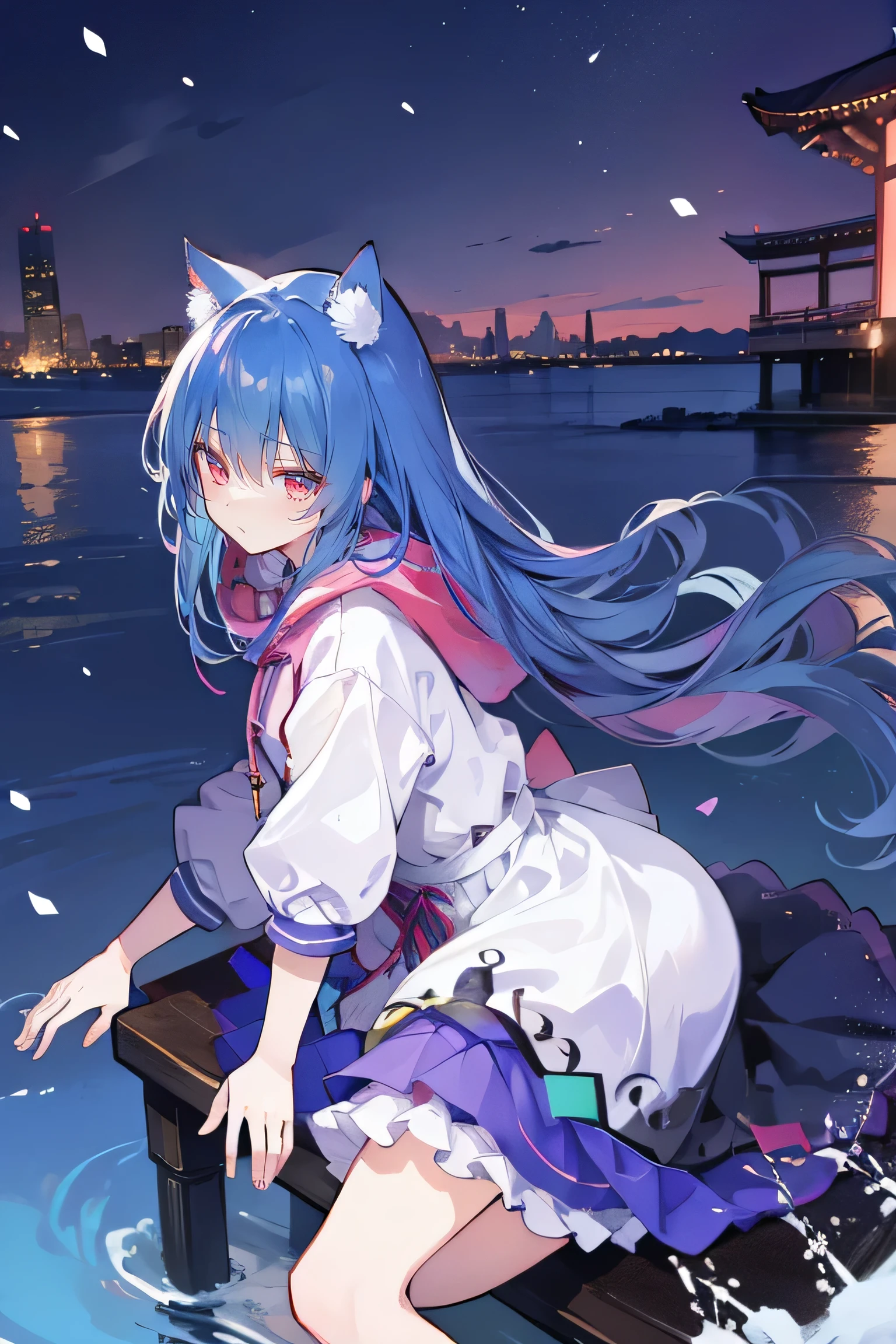 （masterpiece：1.2），Super detailed，lifelike，Expressive eyes，fair skin，perfect face shape，1 girl，
Japanese comics,Gorgeous blue hair,flowing blue hair,flowing clothes,Cat ears,Petals fall,beautiful lola,Baby Angel,
Shaking head with one hand，Cross your legs，Gentle and peaceful background，The pavilion is cool and comfortable,smile, wearing hoodie, background of night tokyo,back views,snowing, winter,lie on the water. 
