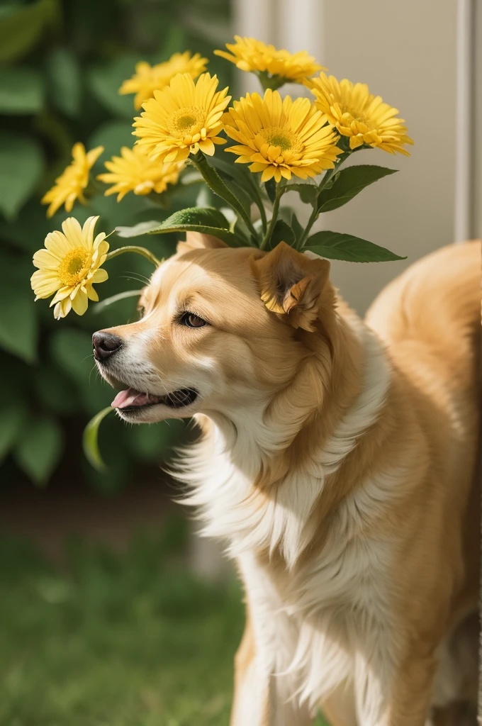 Skinny yellow dog with green eyes holding a flower