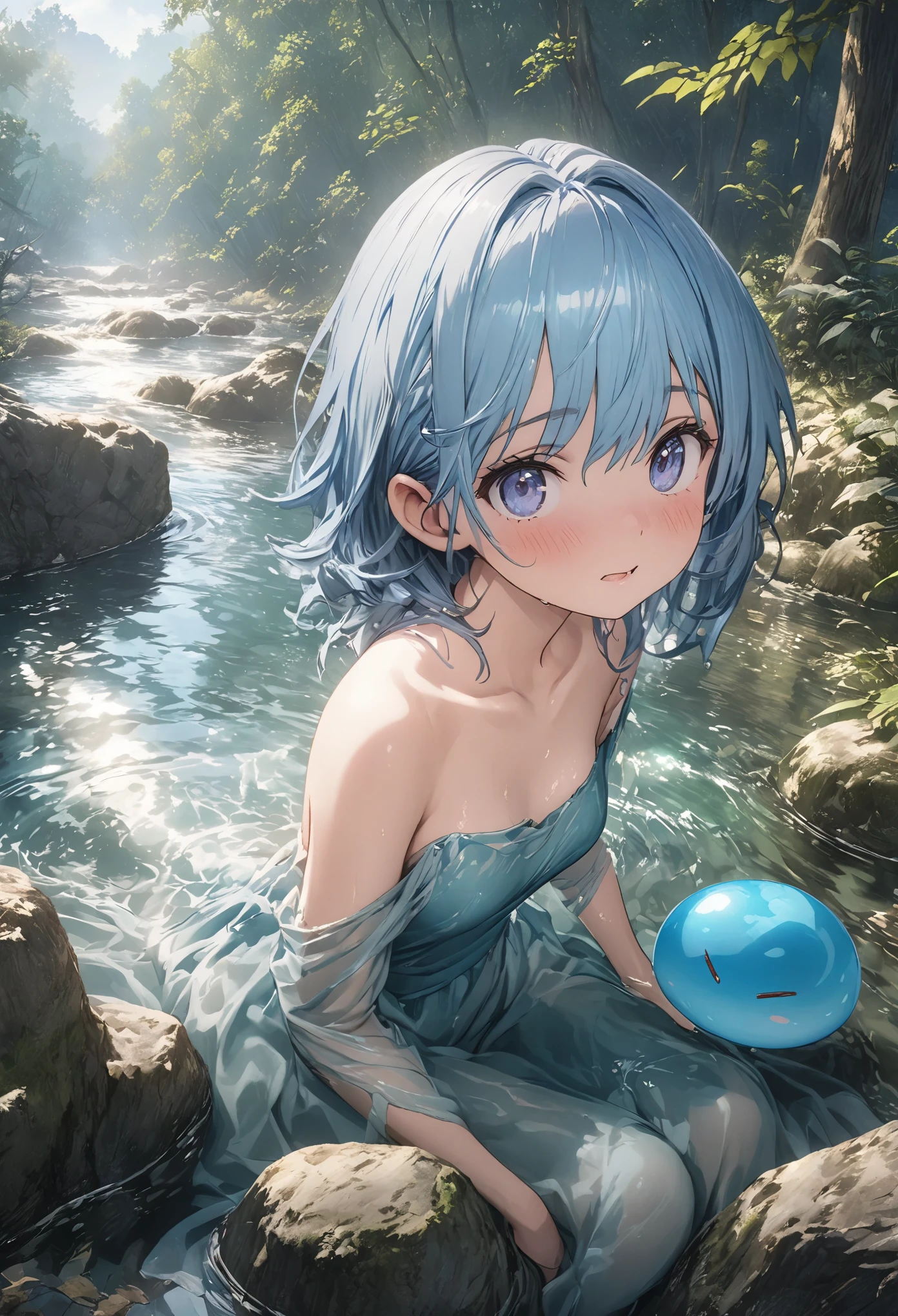 masterpiece, best quality, extremely detailed CG unity 8k wallpaper, A small blue-haired boy is sitting on the banks of a clear blue river in the middle of a natural forest. A cute slime with a lot of expressions is bathing there. A very cool anime illustration. Realistic expression of flowing water. オクタンのレンダリングスタイル、3Dアート