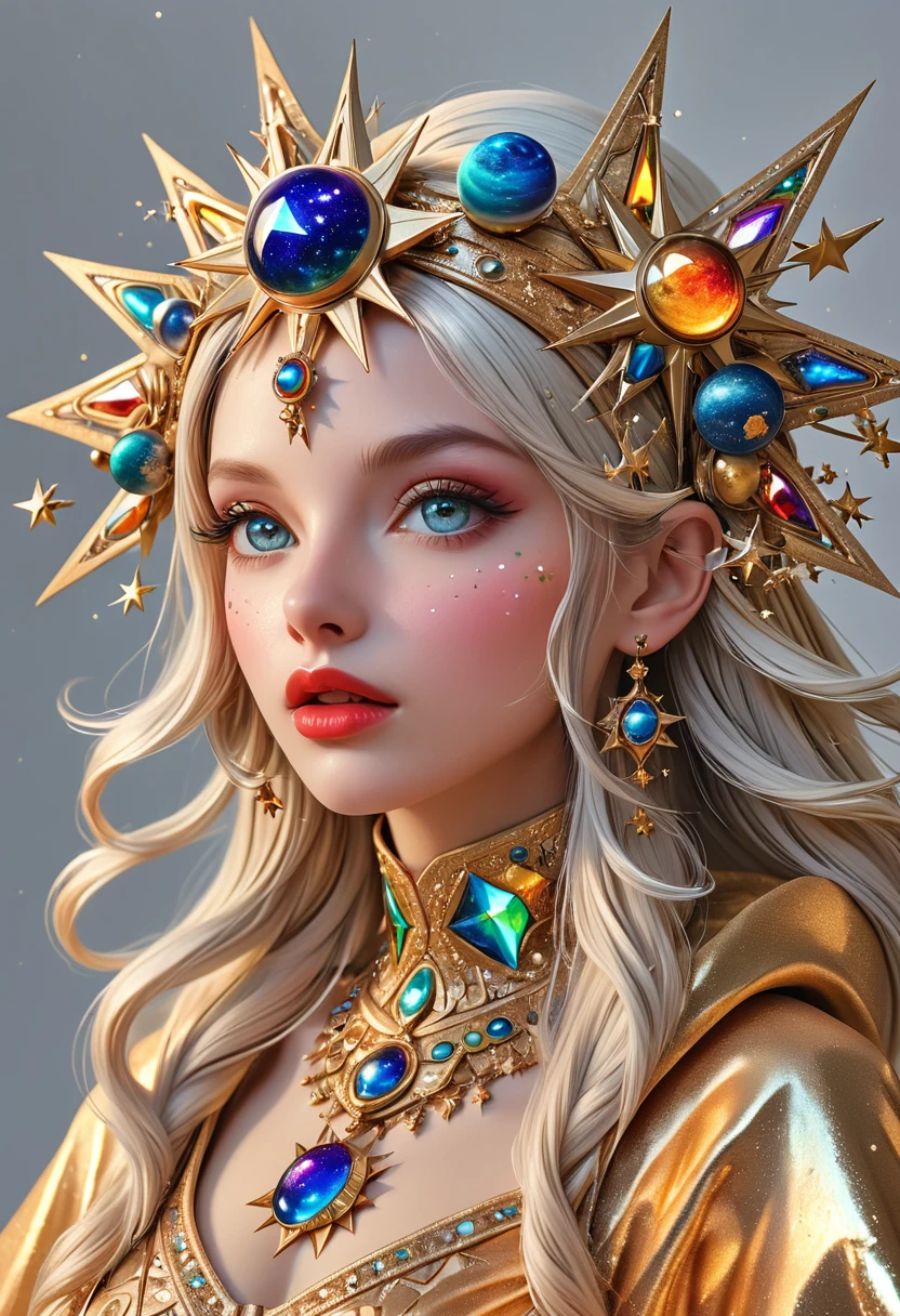 1girl, beautiful detailed eyes, beautiful detailed lips, extremely detailed face and skin, elaborate star headpiece, orbit, clean background, (best quality, 4k, 8k, highres, masterpiece:1.2), ultra-detailed, realistic, photorealistic, photo-realistic:1.37, 3D, professional, vivid colors, studio lighting