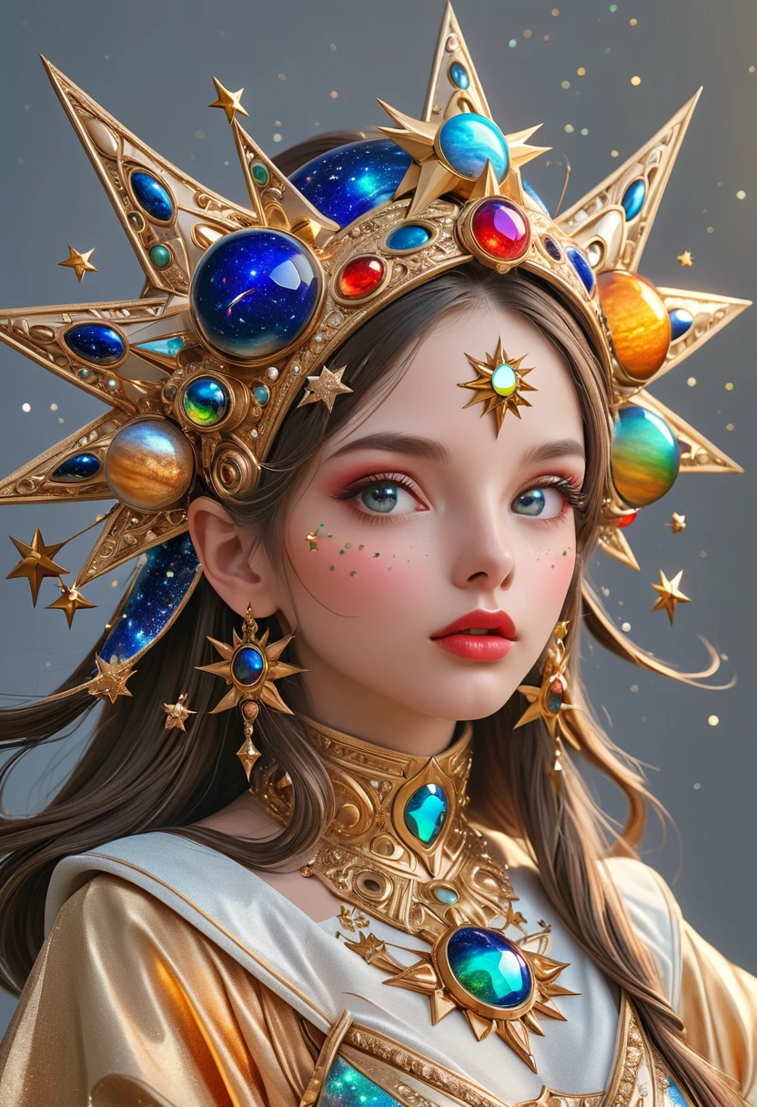 1girl, beautiful detailed eyes, beautiful detailed lips, extremely detailed face and skin, elaborate star headpiece, orbit, clean background, (best quality, 4k, 8k, highres, masterpiece:1.2), ultra-detailed, realistic, photorealistic, photo-realistic:1.37, 3D, professional, vivid colors, studio lighting