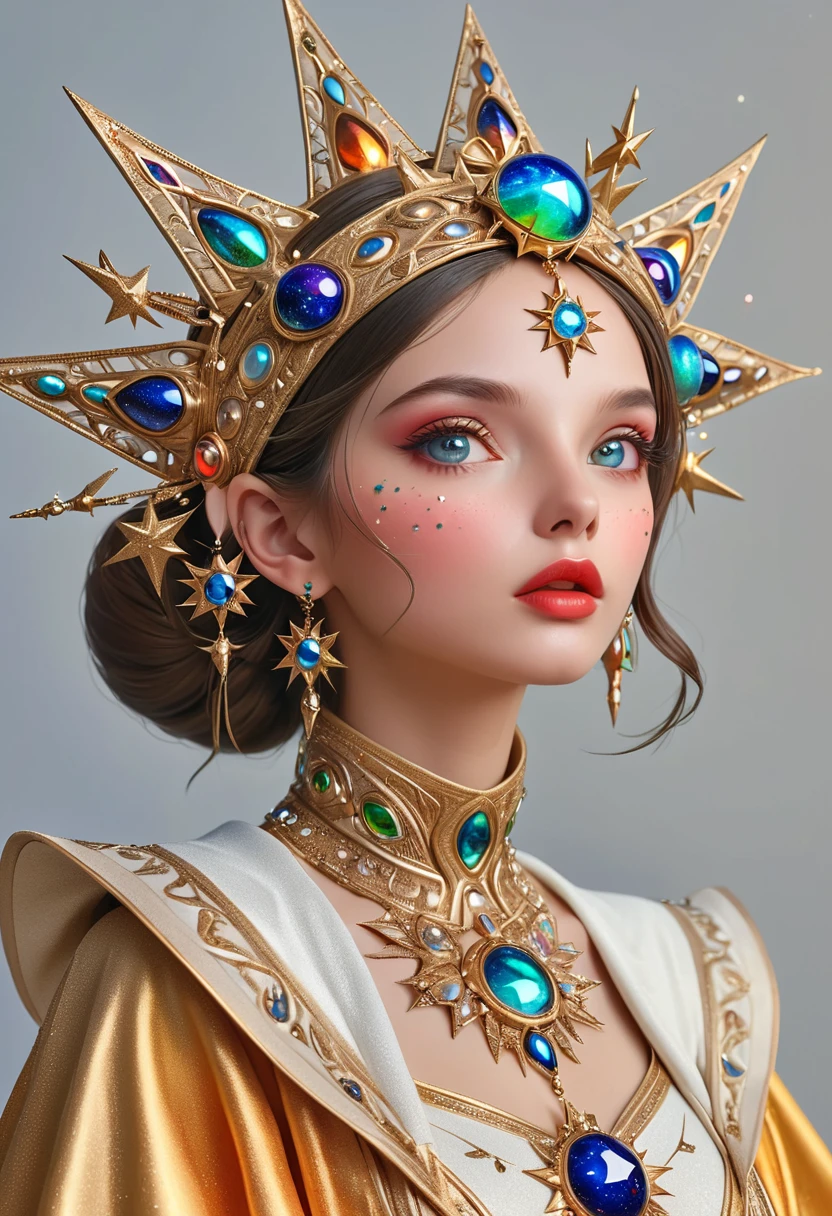 1girl, beautiful detailed eyes, beautiful detailed lips, extremely detailed face and skin, elaborate star headpiece, orbit, clean background, (best quality, 4k, 8k, highres, masterpiece:1.2), ultra-detailed, realistic, photorealistic, photo-realistic:1.37, 3D, professional, vivid colors, studio lighting