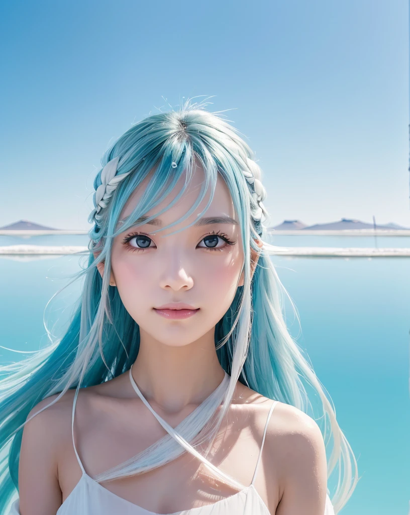 (Highest quality, 32k, High resolution, Masterpiece:1.5), marimo_jet, god々A photograph with brilliant dazzling and healing power., Evoking a sense of calm and elusive beauty, Expressing emotions, Have a rich imagination, Beautiful Japanese Girls, An exceptionally beautiful face, Small Face Beauty, , Perfect Human Anatomy, Magical big eyes, Motherhood and generosity, Deep Love, fleeting smile, Shiny light blue hair, Beautiful super long hair swaying in the wind, Asymmetrical bangs, Hair between the eyes, Transparent, soft white skin, Sharp eyebrows, Thin lashes, ((Natural Makeup:1.3)), ((White dress:1.3)), High resolutionの美しい太もも, ((Distant Horizon:1.5)), ((Uyuni salt lake:1.3)), Beautiful detailed blue sky, Professional photographer, Professional Lighting, Professional models