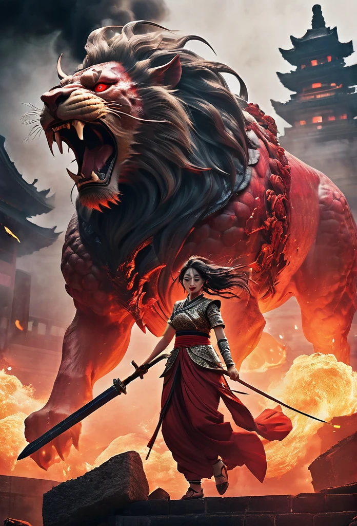 blood girl, and a huge fire lion, made of smoke, wearing a warrior outfit complete with armor hovering around the ruins of an ancient temple, inspired by Japanese gods, carrying a huge divine sword, temple background, Japan, dark, horror vibes, , smoke , fire , big add some big snakes in the back , japanese mythical god , evil smile , crazy eyes , blindfold , fuji color , high detail , high quality , accurate