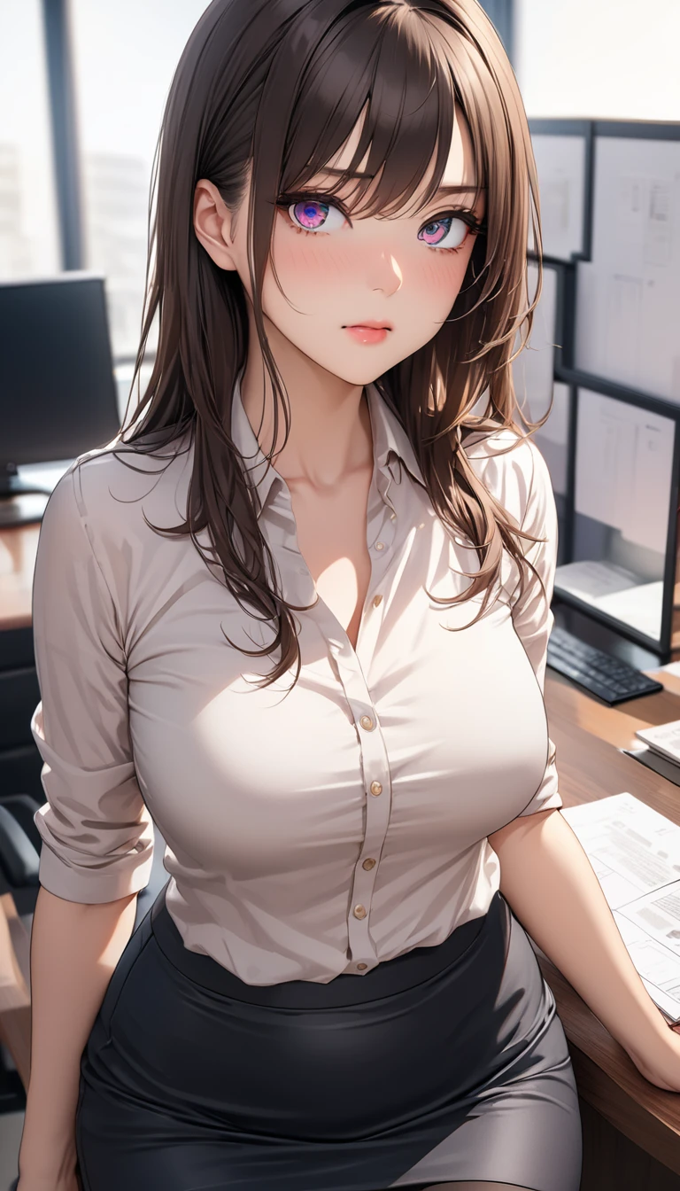 (((masterpiece))),(((High resolution)))、(((8K)))、(((perfect face)))、(((beauty of japan)))、30 years old、(((beautiful face))), (((office))), (((shirt))), ((pencil skirt)), ((tights)), embarrassed look, look at the camera, top quality eyes, detailed texture, look at the camera, all body, big , Married woman, cool women, (((high resolution eyes)))