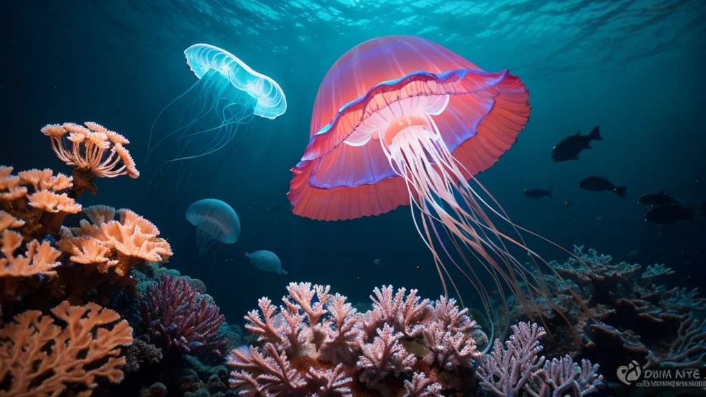A few faintly glowing jellyfish and corals in the dark deep sea mysterious