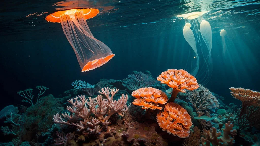 A few faintly glowing jellyfish and corals in the dark deep sea　mysterious　