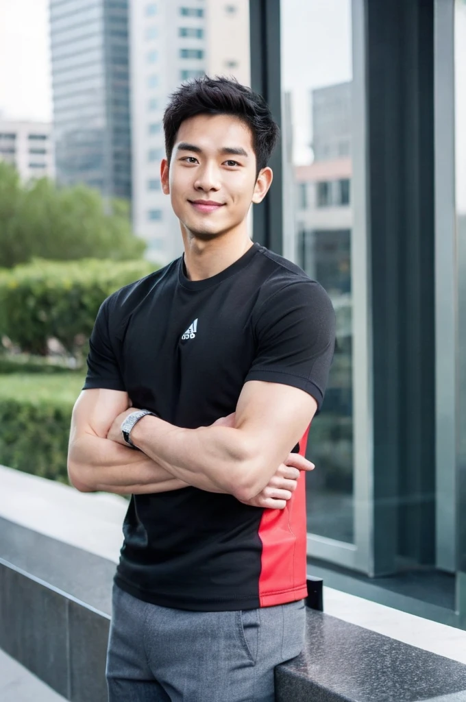 Korean man, Inspiration from Peng Yuyan, 30 years old, 236 years old, Cute Korean Face, 35 yo, 33 year old Korean muscular man，Gym in the background, black t-shirt