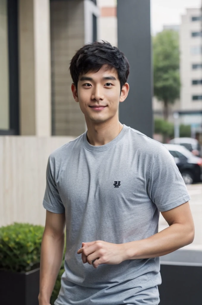 Korean man, Inspiration from Peng Yuyan, 30 years old, 236 years old, Cute Korean Face, 35 yo, 33 year old Korean muscular man,Gym in the background, black t-shirt
