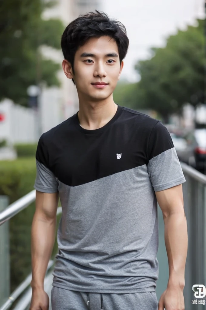 Korean man, Inspiration from Peng Yuyan, 30 years old, 236 years old, Cute Korean Face, 35 yo, 33 year old Korean muscular man，Gym in the background, black t-shirt