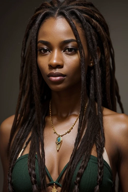 1 African woman, 30 years old, pretty face, dreadlocks, hyperrealistic, ultra detailed face and body, realistic representation