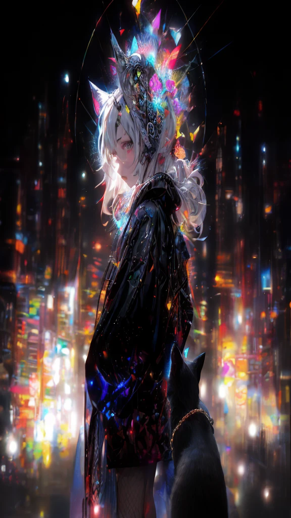 Onegirl、Super masterpiece、Insanely detailed infographic drawings、neons 、Glitter cat ears、Blonde Girl Cyberpunk Vast Photography Breaktree Production Art、Fractal Art 、Lots of black and silver、Intricate purple details、Volumetric lighting、BREAK Realism(​master piece: 1.2) , (Top image quality), 4K, The ultra-detailed, (dynamic compositions: 1.4), high detailing, Colorful Detail, (Irridescent color: 1.2), (Bright lighting, Atmospheric lighting), dream-like, Magical, (solo: 1.2)