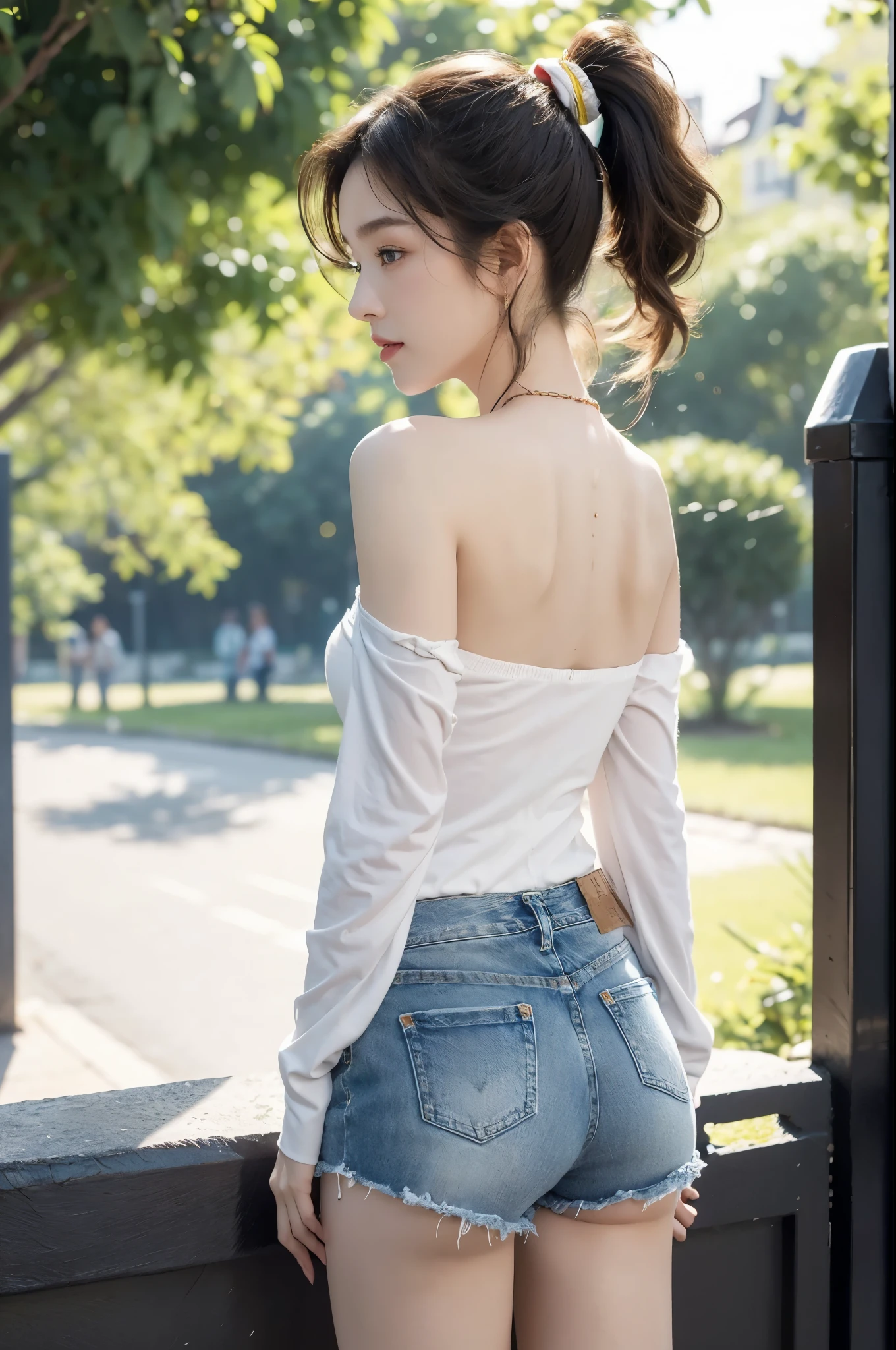 (((best quality))),(((ultra detailed))),(((masterpiece))),illustration,((1 beautiful girl,solo)),((slim,thin)),((shoulder off,strapless,bare back,towering hips,butt crack)), outside school gate, summer twilight, sunlight,(short ponytail:1.3),((white long-sleeved shirt)),(clavicalis:1.3),((denim shorts,slender legs)),animated face, excited eyes, sounds of laughter, chatter, excitement of summer vacation, air filled with energy, school gate golden glow, symbol of end of academic year, schoolyard transformed, reunion, farewells, embracing setting sun, face illuminated, moment captured, fleeting instant, essence of summer, carefree spirit, youthful exuberance, embodiment of season, sun dips, rosy glow, joy of living,promise of adventures,((standing,from back,upper body)),(surrounded by crowded crowds:1.3)