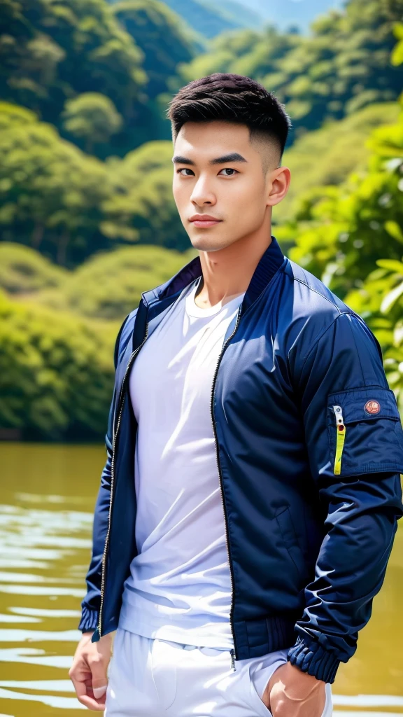 ((Highest quality, 8K, Masterpiece:1.3)),Thailand Laos Burma Asia,Thai man buzz haircut,A handsome Asian sport short hair,a muscular beard,and big muscles.,1A man who has,yo,Good appearance,Beautiful nose,Detailed eyes and face,beautiful light,(studio),high resolution,(Look at the viewer.),Fine mouth,whole body:1.5,perfect shape:1.3,Picture of both shoulders:1.3,(t-shirt:1.2),black cargo pants,wristband,landscape,(The background is Bokeh:1.2),on the sea,(open_jacket:1.4),