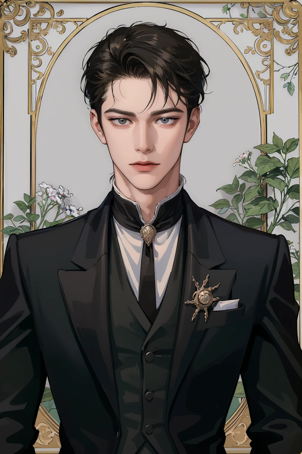 (absurd, ultra-detailed, high quality, masterpiece), 1 man, solo, adult, mature, handsome, tall muscular guy, broad shoulders, elegant pose, upper body, dark short styled hair, hazel eyes, intricate eyes, noble, aloof, anime style, regency era, dark clothing, neat suit, cravat, white shirt, 3 quarter view
