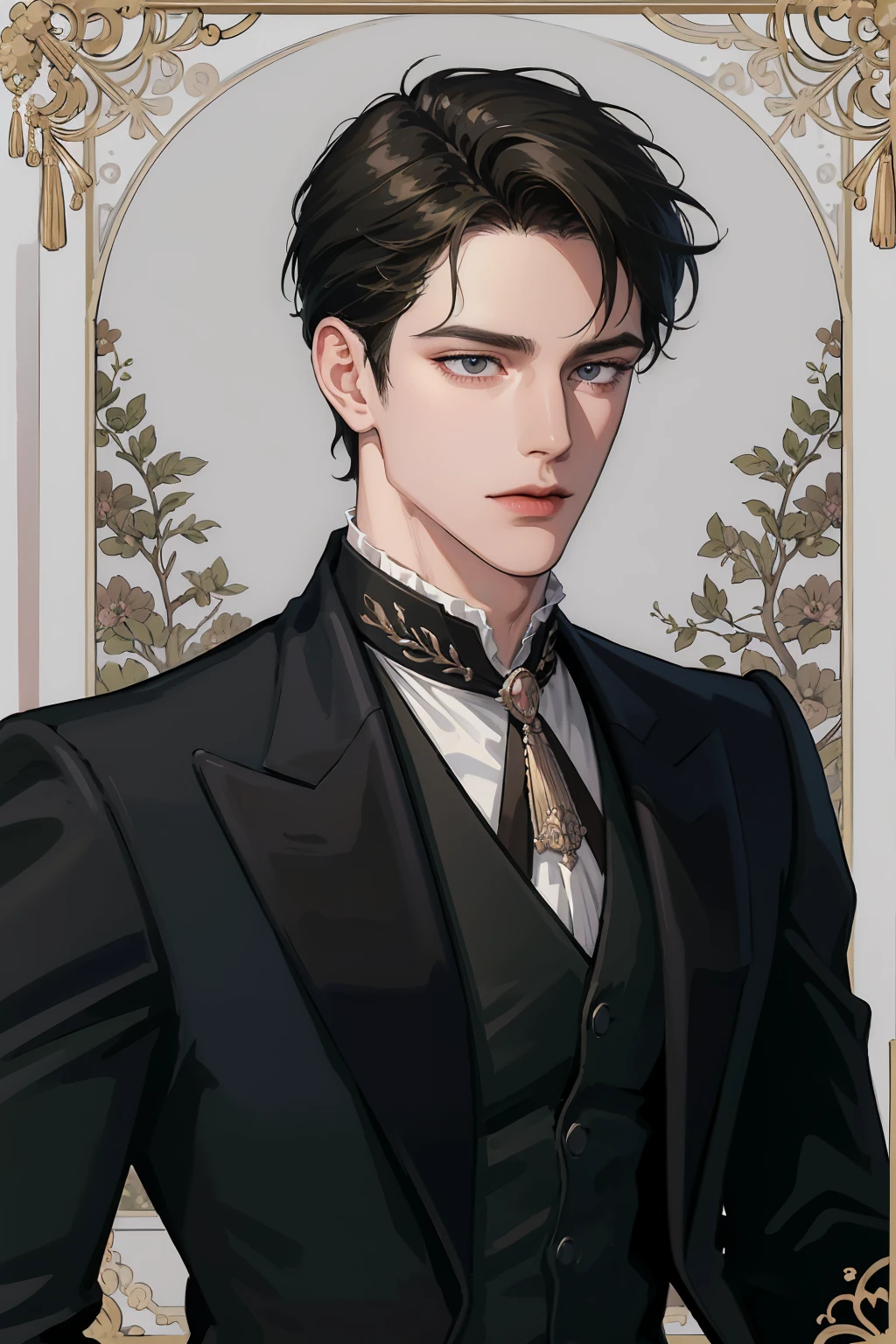 (absurd, ultra-detailed, high quality, masterpiece), 1 man, solo, adult, mature, handsome, tall muscular guy, broad shoulders, elegant pose, upper body, dark short styled hair, hazel eyes, intricate eyes, noble, aloof, anime style, regency era, dark clothing, neat suit, cravat, white shirt, 3 quarter view