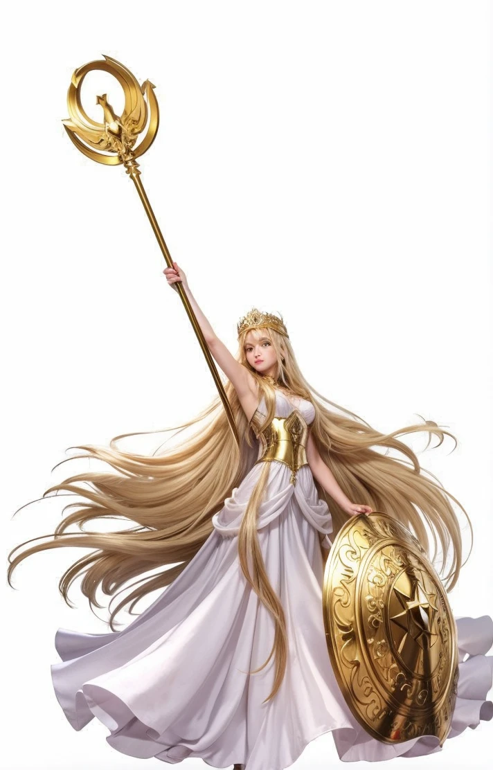 A woman young, with long golden blonde and curly hair wearing a long white dress with gold details, holding a huge scepter similar to that of the goddess Athena