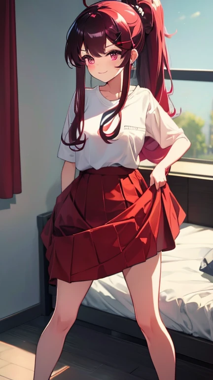 high tail hairstyle, Ponytail hairstyle, Long wavy black hair, standing posing, anime girl style, pixel art anime style,penetrating look with deep eyes,red and purple eyes, hair with a ponytail hairstyle trapped with a big red bun, Women, red hair clips, red x hair clips, short white shirt, mini skirt, smiling face blush, standing in his bedroom, next to his bed, lifting her skirt
