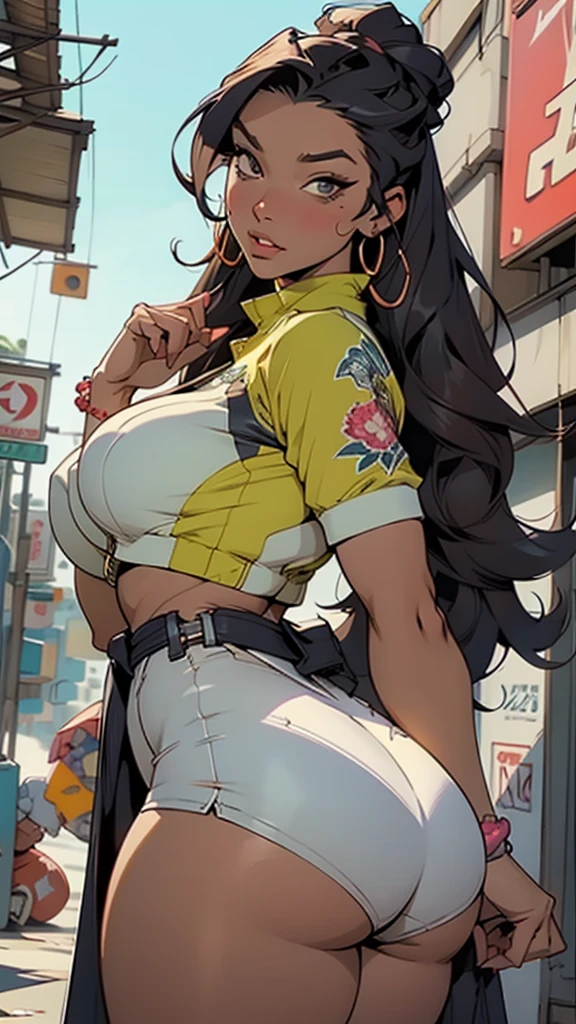 stunning digital illustration of a 35yo aboriginal woman flaunting her phenomenal detailed accentuated big booty, gorgeous, ample curvaceous, thick thighs, great aesthetics, posing, long braided hair, alluring, sultry facial expression, natural colors, highly detailed, ultra detailed, award winning details, unforgettable, very intricate, niji style, comic style, anime style