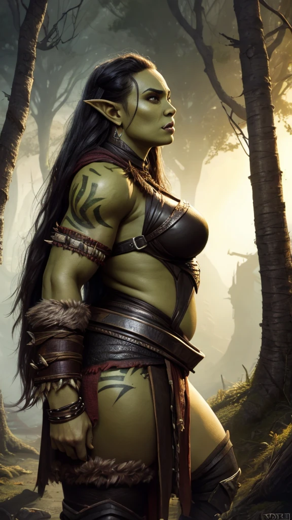 Young orc woman (big fangs), female orc, (green skin) , fearsome, dirty skin and hair, dirty wool and leather clothes, wearing linen dress, big saggy breasts, skin imperfections, skin dentation, bone jewelry, forest background, natural lighting, tribal tattoos, muscular, big fat body, highly detailed, 4k, photorealistic, dramatic lighting, cinematic, fantasy art, ultra high quality, sharp Focus, orczor, view from side, interesting poses, weightchubby 