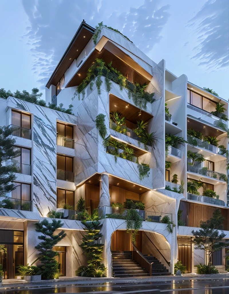 3D render of a beautiful house, Dark, gray tones, white wall. lumion render, night time render, insanely detailed rendering, realistic architecture, architectural visualization. The house is adorned with elegant lighting and plants to enhance its exterior appearance in a Vietnam city street. The staircase leading into the house is tiled with black marble and has bright LED lights. Behind are hills and mountains with clear blue sky. balcony with green plants. The main door is made of black aluminum and glass reaching up to the ceiling. Looking through the glass windows to look inside the house with luxurious interiors with luxurious and warm lights, interior lighting rendering and lighting effects. marble and wood and glass, dark and modern, luxcore render, taken with professional photography techniques, using a wide angle lens with bright natural light and high resolution details, in the style of professional photograph, hyper realistic, highly detailed.