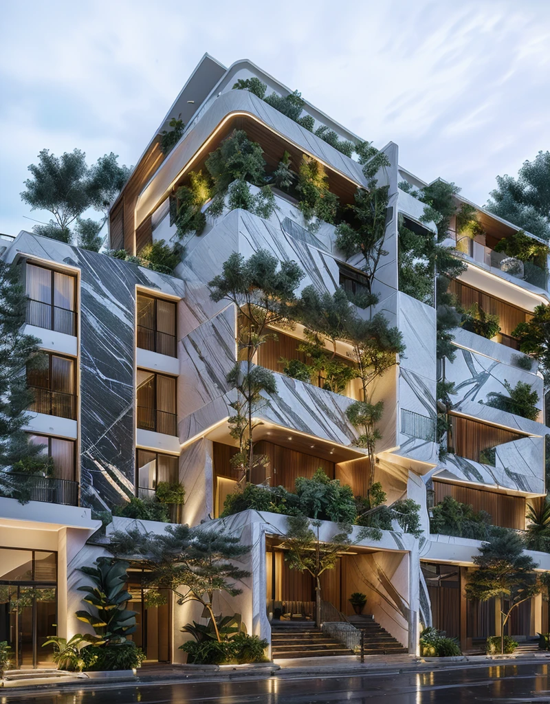 3D render of a beautiful house, Dark, gray tones, white wall. lumion render, night time render, insanely detailed rendering, realistic architecture, architectural visualization. The house is adorned with elegant lighting and plants to enhance its exterior appearance in a Vietnam city street. The staircase leading into the house is tiled with black marble and has bright LED lights. Behind are hills and mountains with clear blue sky. balcony with green plants. The main door is made of black aluminum and glass reaching up to the ceiling. Looking through the glass windows to look inside the house with luxurious interiors with luxurious and warm lights, interior lighting rendering and lighting effects. marble and wood and glass, dark and modern, luxcore render, taken with professional photography techniques, using a wide angle lens with bright natural light and high resolution details, in the style of professional photograph, hyper realistic, highly detailed.