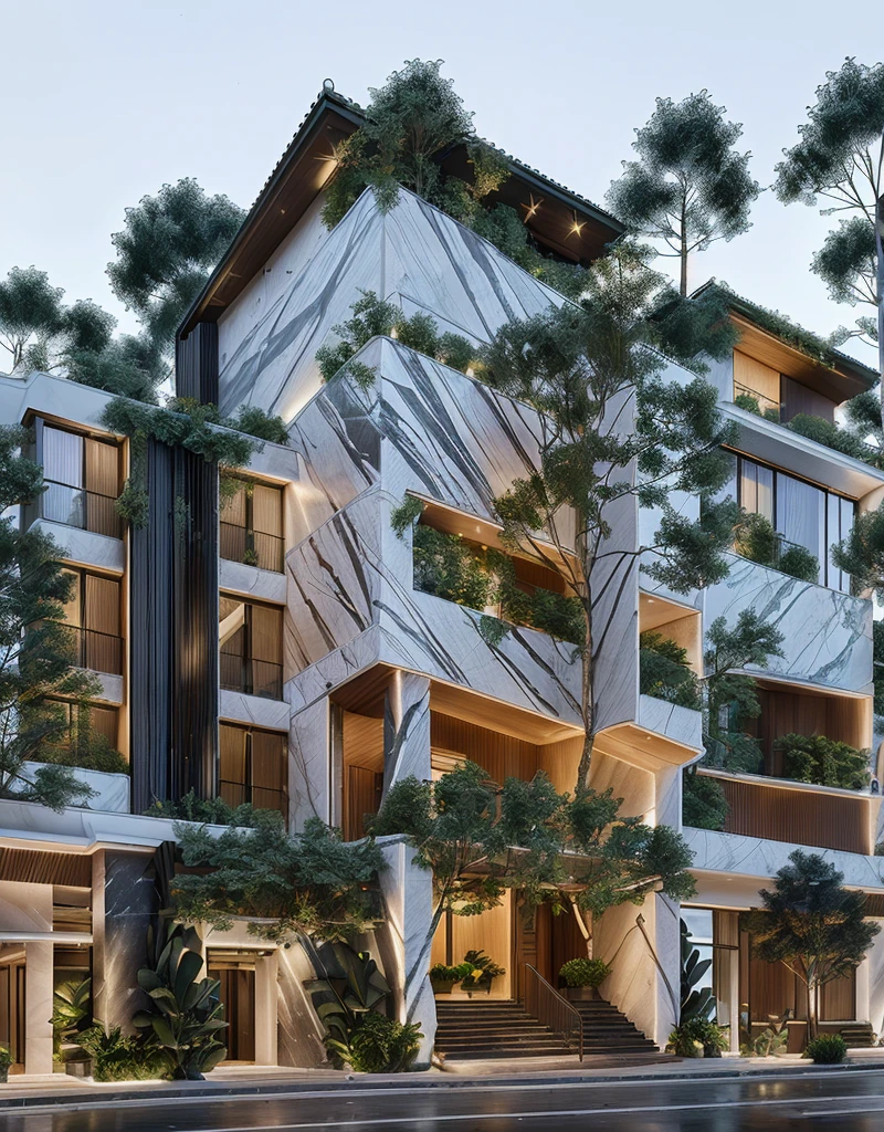 3D render of a beautiful house, Dark, gray tones, white wall. lumion render, night time render, insanely detailed rendering, realistic architecture, architectural visualization. The house is adorned with elegant lighting and plants to enhance its exterior appearance in a Vietnam city street. The staircase leading into the house is tiled with black marble and has bright LED lights. Behind are hills and mountains with clear blue sky. balcony with green plants. The main door is made of black aluminum and glass reaching up to the ceiling. Looking through the glass windows to look inside the house with luxurious interiors with luxurious and warm lights, interior lighting rendering and lighting effects. marble and wood and glass, dark and modern, luxcore render, taken with professional photography techniques, using a wide angle lens with bright natural light and high resolution details, in the style of professional photograph, hyper realistic, highly detailed.