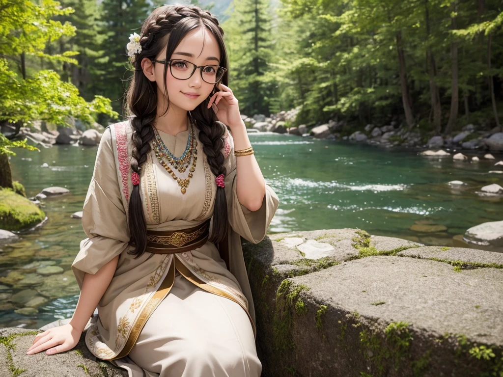 Cute girl sitting on rock 、Beautiful forest, high mountains of the Alps, one bird 、Cute girl, detailed beautiful eyes, braids, realistic, masterpiece, cinematic, Gorgeous ethnic clothing, Wearing gorgeous traditional clothing and glasses, smiling
