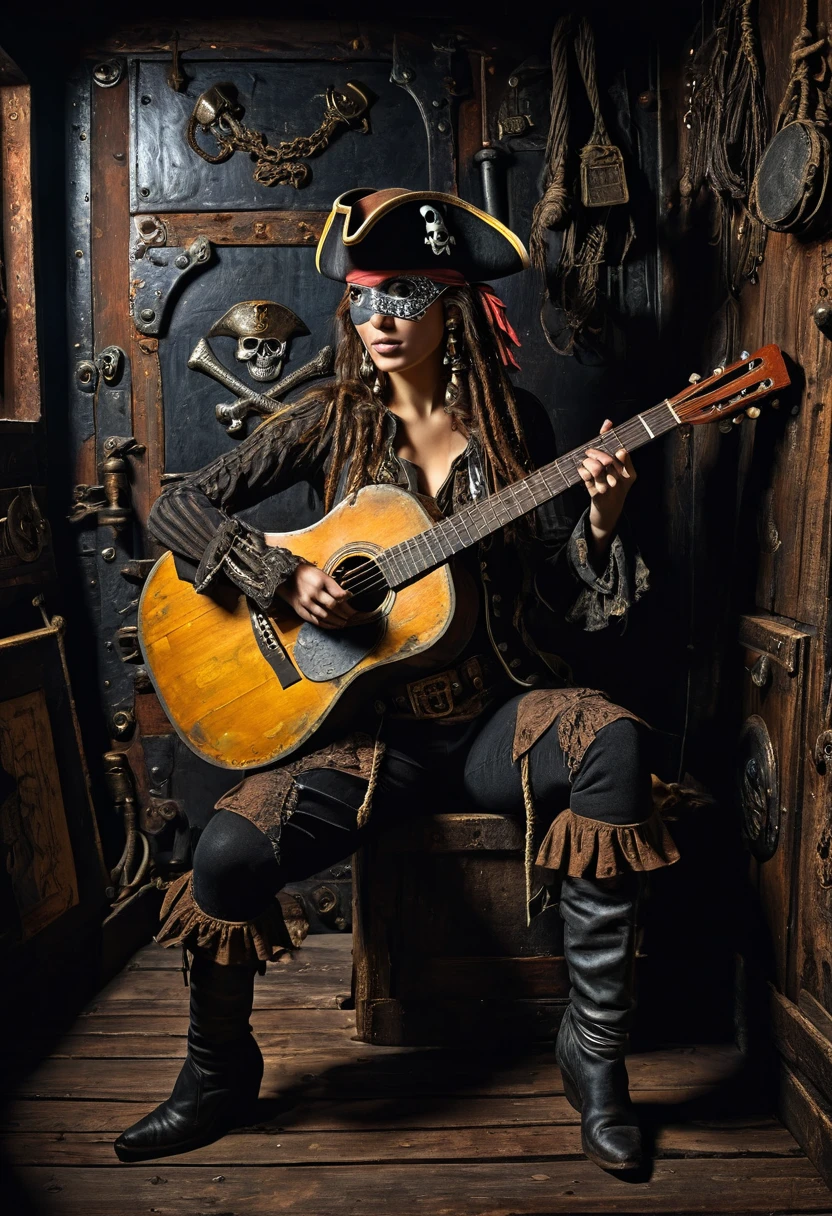 old black room in the center of which,
detailed face pirate woman,
a pirate woman with a patch over one eye strumming an old guitar at ship's deck,
paying particular attention to the textures of rust, metal and wood, as well as the play of shadows and light.