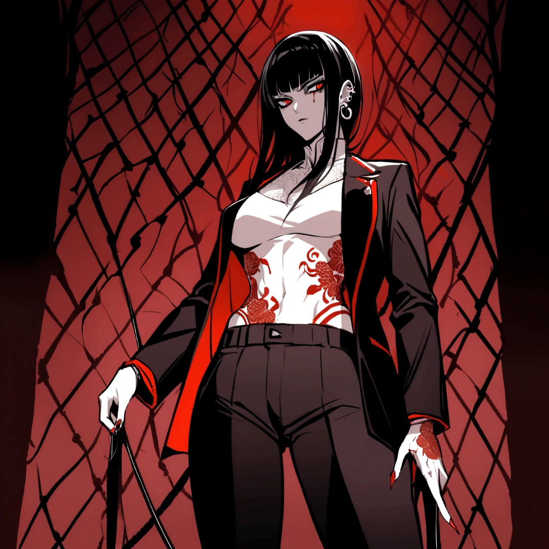 A fierce and unyielding female prisoner, thin and beautifully deathly body, proportional body, strong but not muscular, young but dangerous look, adorned with intricate yakuza tattoos, stands tall in her white top and pants, her piercing gaze daring anyone to challenge her in the dark and foreboding cell, ruthless and implacable, Sharp and dramatic, (bluish dark contrast), HD, ((red tones with dramatic bloody, red dark tones)), Side look, yakuza anime.