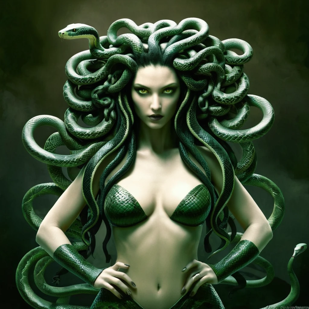 Dark Fantasy Art of Medusa a woman with snake dreads, In Greek mythology, Medusa, also called Gorgo, a human female with living venomous snakes in place of hair, dark, moody, dark fantasy style, full body photo of Medusa, pale skin, hairless, scalp is made of tiny snakes with their own heads, hundreds of tiny snakes growing from her head, big , bra, snake body from waist down, legless, green eyes.