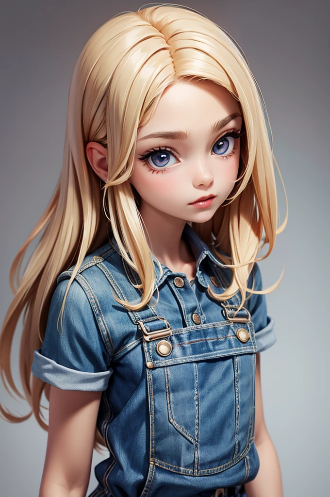 hyperrealistic 14 year old teen, blonde, perfect tiny body, sexy, dark makeup, perfect slim face, big red lips, very cute face, tiny body, big eyes, young looking, childish looking, denim overall, no shirt